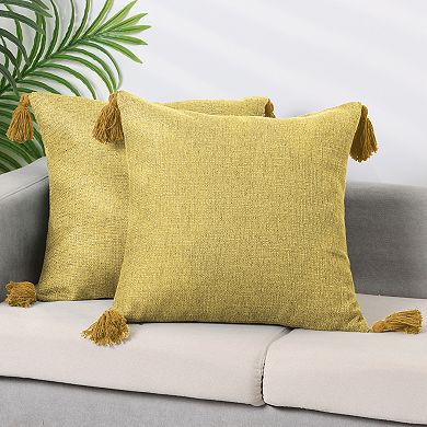 2 Pcs Linen Fringe Cushion Cover Set Sofa Throw Pillow Covers with Tassel Design 18 x 18 Inch