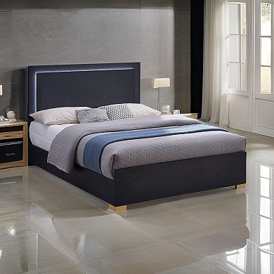 Dex Platform King Size Bed, Panel Led Headboard, Black Wood Melamine Finish