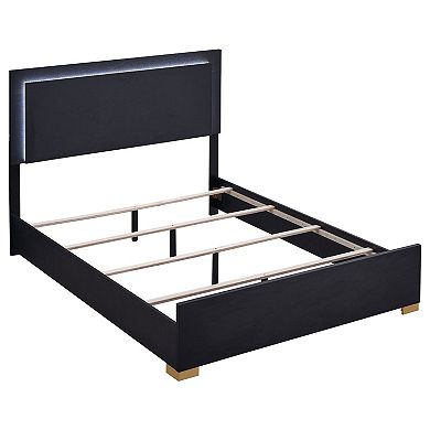 Dex Full Size Bed With Led Framed Headboard, Black Wood Finish, Gold Legs