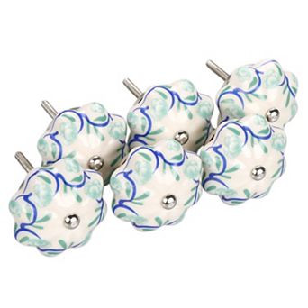 6 pc Vines Pattern Hand Painted Ceramic Door Knobs Cabinet Drawer Pull Handles