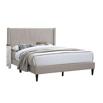 Kopa Queen Size Bed With Tufted Headboard, Brown Burlap Upholstery, Wood