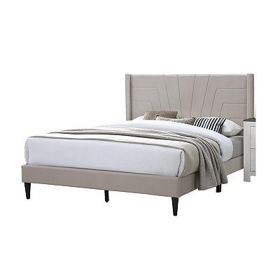 Kopa Queen Size Bed With Tufted Headboard, Brown Burlap Upholstery, Wood