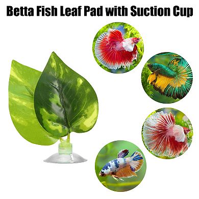 2pcs Betta Fish Leaf Pad Hammock Resting Hide Plants Decoration Green With Suction Cup 2.95"x2.13"