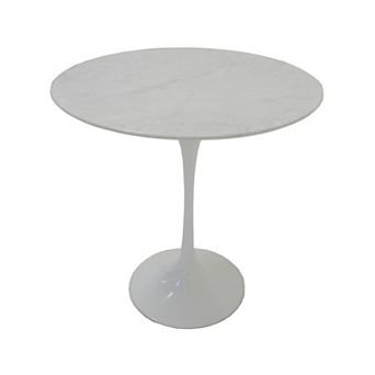 Sufi 21 Inch Side End Table, Round Top, Pedestal Base, Marble White Finish