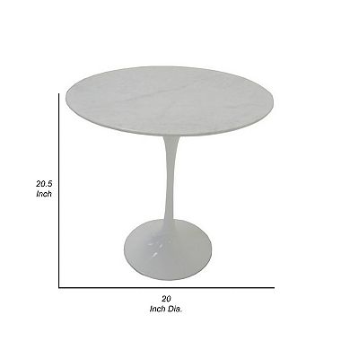 Sufi 21 Inch Side End Table, Round Top, Pedestal Base, Marble White Finish