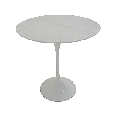 Sufi 21 Inch Side End Table, Round Top, Pedestal Base, Marble White Finish