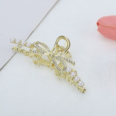 Gold-Tone Bow Hair Clip with Pearl Accent Vintage Faux Pearl Bow Barrette Small Gold Tone Rhinestone  main image 3