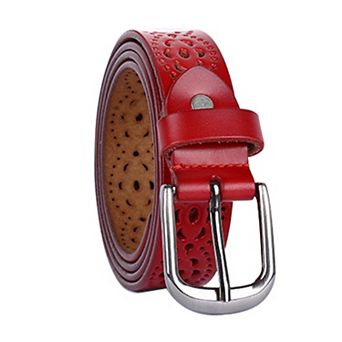 Women Carved Multi-hole Hollow Alloy Pin Buckle Leather Belt