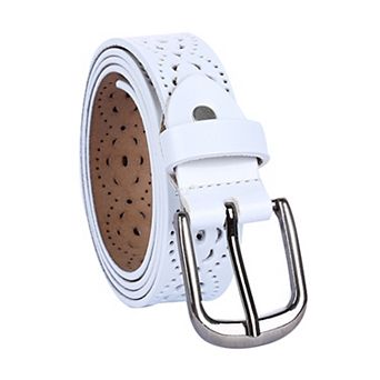 Women Carved Multi-hole Hollow Alloy Pin Buckle Leather Belt Brown Heart NO SIZE