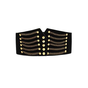 Women Ultra Wide Elastic Pu High Waist Belt Rivet Chains Cinch Waistband For Dresses