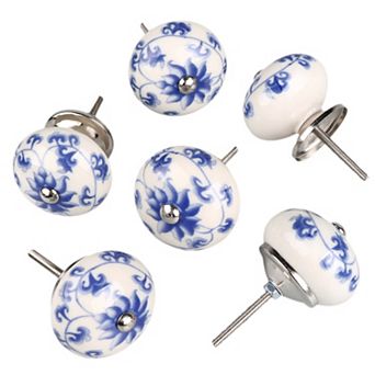 6 pc Flower Pattern Hand Painted Ceramic Door Knobs Drawer Pull Handles