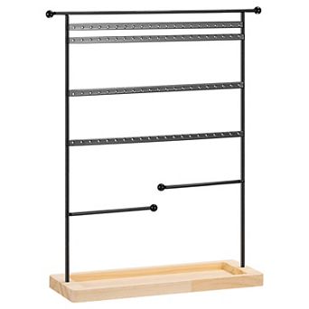 Earring Display Tower 4 tier Metal Jewelry Holder With Wooden Tray For Bracelets, Rings, Necklaces
