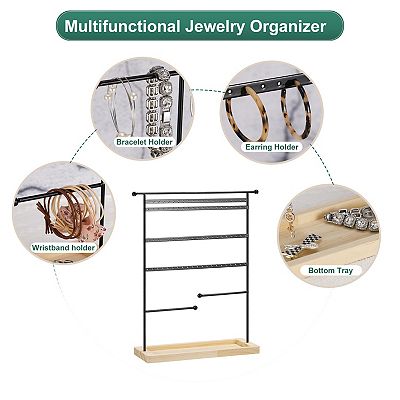 Earring Display Tower 4 Tier Metal Jewelry Holder With Wooden Tray For Bracelets Rings Necklaces
