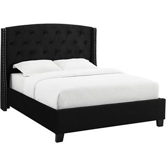 Elle Queen Size Bed, Low Profile, Black Button Tufted Upholstered Headboard