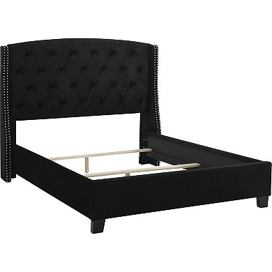 Elle Queen Size Bed, Low Profile, Black Button Tufted Upholstered Headboard