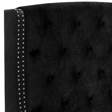 Elle Queen Size Bed, Low Profile, Black Button Tufted Upholstered Headboard