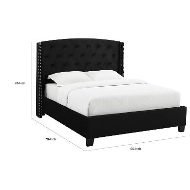 Elle Queen Size Bed, Low Profile, Black Button Tufted Upholstered Headboard
