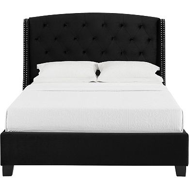 Elle Queen Size Bed, Low Profile, Black Button Tufted Upholstered Headboard