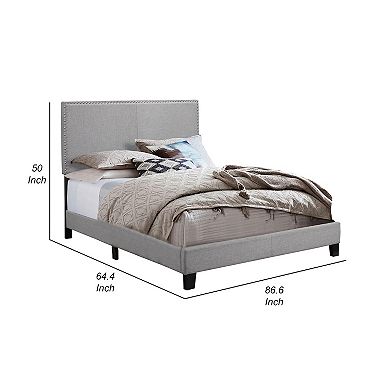 Shirin Queen Size Bed, Wood, Nailhead Trim, Upholstered Headboard, Gray
