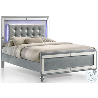 Lee Queen Size Bed, Led, Tufted Faux Leather Upholstery, Textured Silver