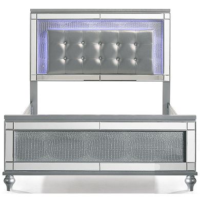 Lee Queen Size Bed, Led, Tufted Faux Leather Upholstery, Textured Silver