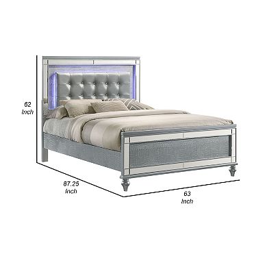 Lee Queen Size Bed, Led, Tufted Faux Leather Upholstery, Textured Silver