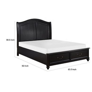 Vix Queen Size Platform Bed, Panel Arch Design, 2 Storage Drawers, Black