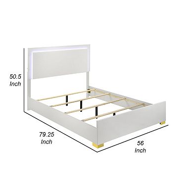 Dex Full Size Bed With Led Framed Headboard, White Wood Finish, Gold Legs