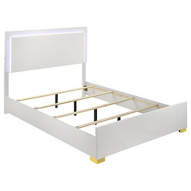 Dex Full Size Bed With Led Framed Headboard, White Wood Finish, Gold Legs