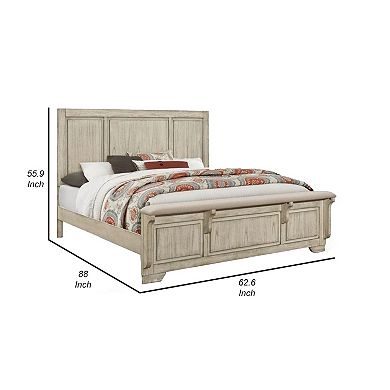 Ashen Queen Size Bed, Transitional Panel Design, Wire Brushed Rustic White