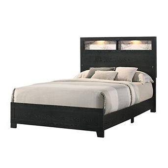 Yoh Queen Size Bed, Wood, Headboard With Lights And Shelves, Black
