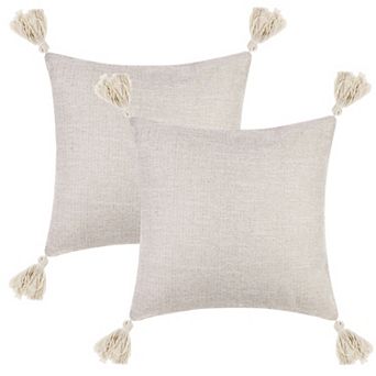 2 pc Linen Fringe Cushion Cover Set Sofa Throw Pillow Covers with Tassel Design 18 x 18 Inch