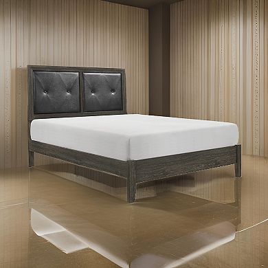 Din Full Size Bed, Button Tufted Faux Leather Upholstery, Gray Wood Veneer