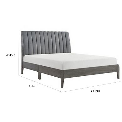 Queen Size Platform Bed, Channel Tufted Upholstered Back, Gray Velvet