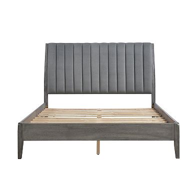 Queen Size Platform Bed, Channel Tufted Upholstered Back, Gray Velvet