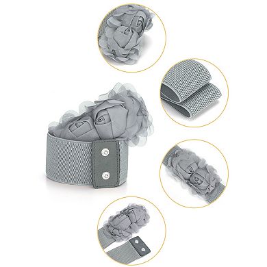 Chiffon Flowers Press Stud Button Elastic Textured Band Waist Belt for Ladies