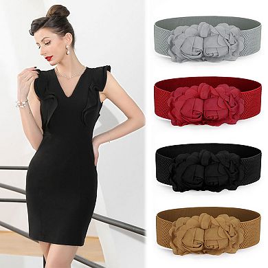 Chiffon Flowers Press Stud Button Elastic Textured Band Waist Belt for Ladies