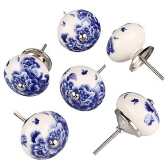 6 pc Peony Pattern Hand Painted Ceramic Door Knobs Cabinet Drawer Pull Handles