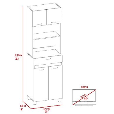 Auburn Microwave Pantry Cabinet, Two Cabinets, Two Open Shelves, Drawer