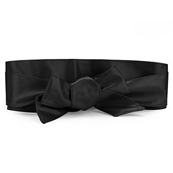 Ladies Faux Leather Self Tie Bowknot Wide Waist Band Sash Obi Belt for Dresses