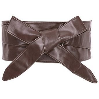 Ladies Faux Leather Self Tie Bowknot Wide Waist Band Sash Obi Belt for Dresses