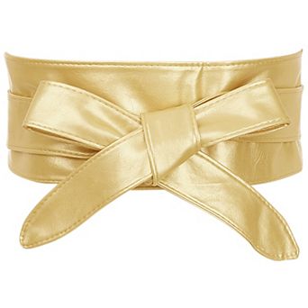 Ladies Faux Leather Self Tie Bowknot Wide Waist Band Sash Obi Belt for Dresses