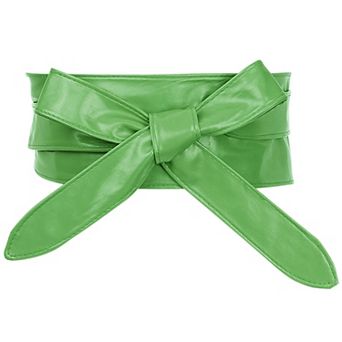 Ladies Faux Leather Self Tie Bowknot Wide Waist Band Sash Obi Belt for Dresses