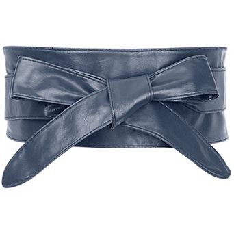 Ladies Faux Leather Self Tie Bowknot Wide Waist Band Sash Obi Belt for Dresses