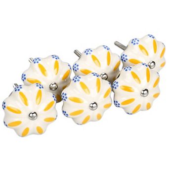 6 pc Gazania Pattern Hand Painted Ceramic Door Knobs Cabinet Drawer Pull Handles