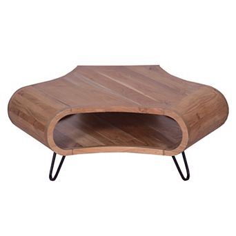 37 Inch Coffee Table, Handcrafted Curved Hexagon Shape With Open Shelf, Brown Acacia Wood, Iron Legs