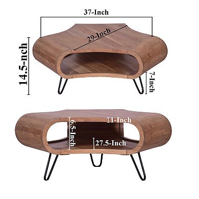 37 Inch Coffee Table, Handcrafted Curved Hexagon Shape With Open Shelf, Brown Acacia Wood, Iron Legs