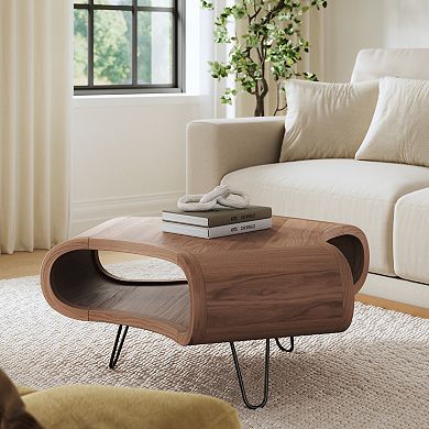 37 Inch Coffee Table, Handcrafted Curved Hexagon Shape With Open Shelf, Brown Acacia Wood, Iron Legs