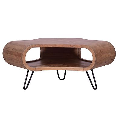 37 Inch Coffee Table, Handcrafted Curved Hexagon Shape With Open Shelf, Brown Acacia Wood, Iron Legs