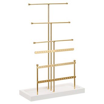 Jewelry Stand Holder, 6 tier Metal Earring Tower With Wood Tray For Bracelets, Rings, Necklaces